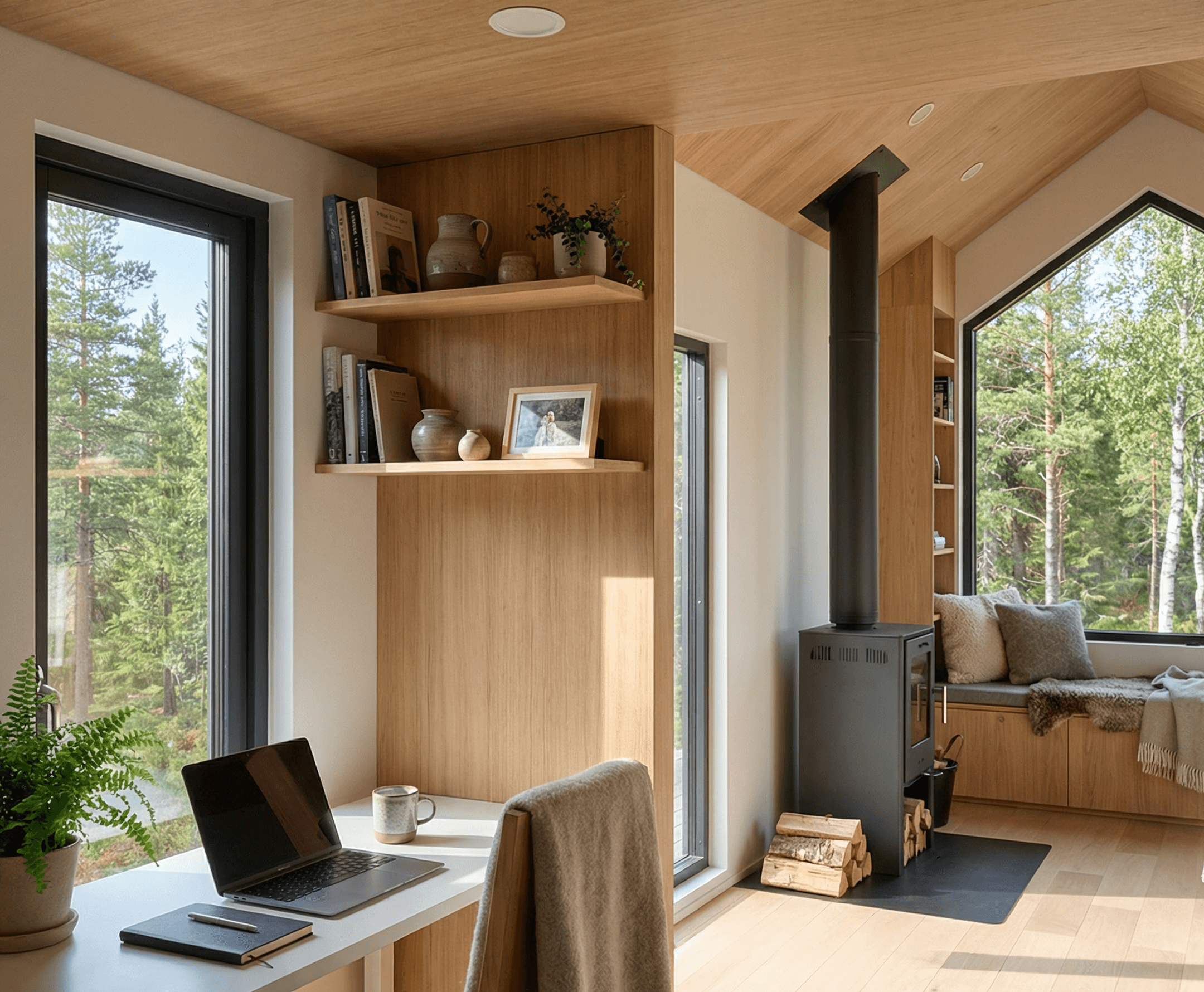 Modern cabin interior design featuring a built-in workspace, timber shelving, wood stove, and cozy seating nook, set within a bright open plan cabin layout.