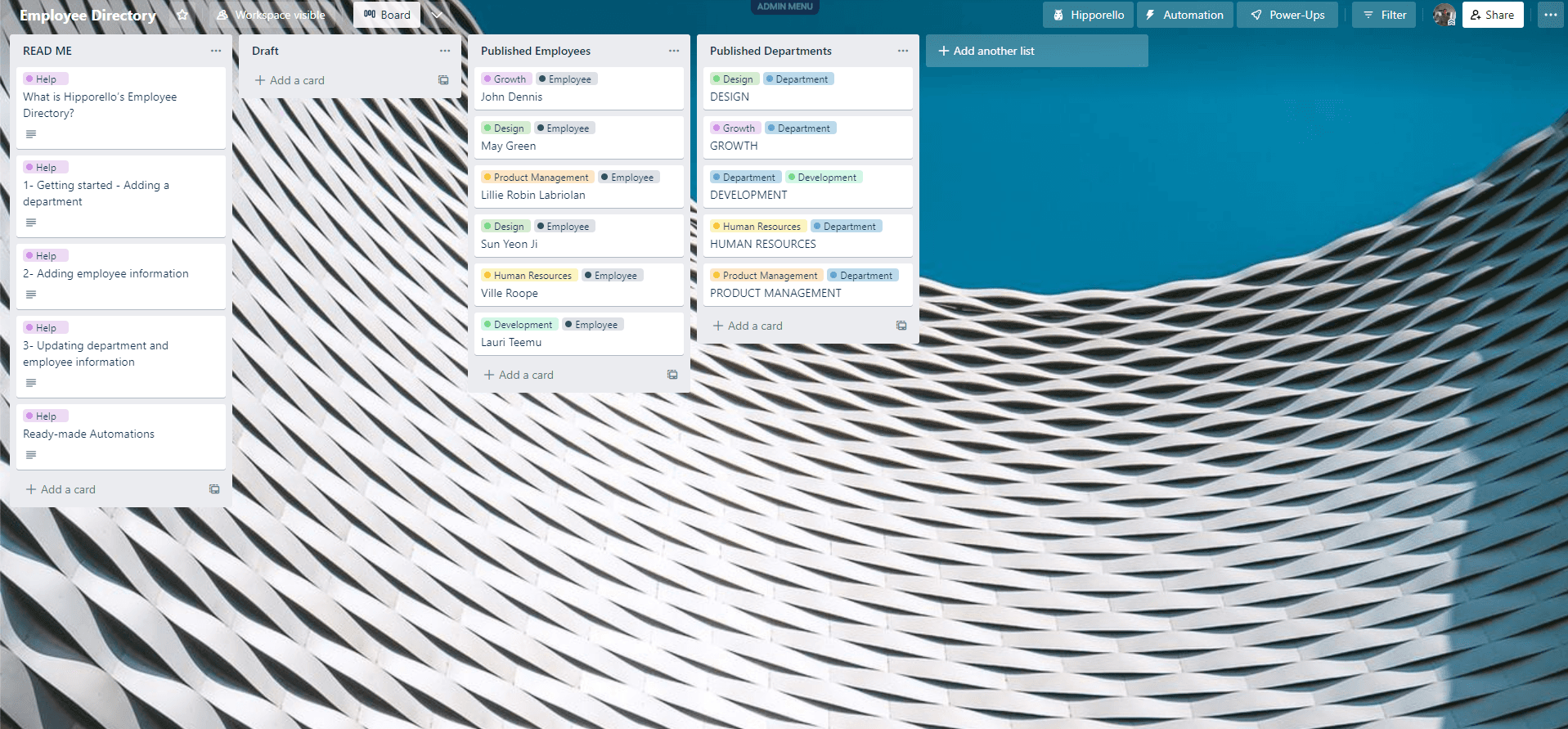 Employee directory on Trello