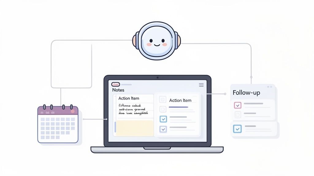 A diagram of a robot assistant helping manage meeting notes, action items, calendar, and follow-up tasks.