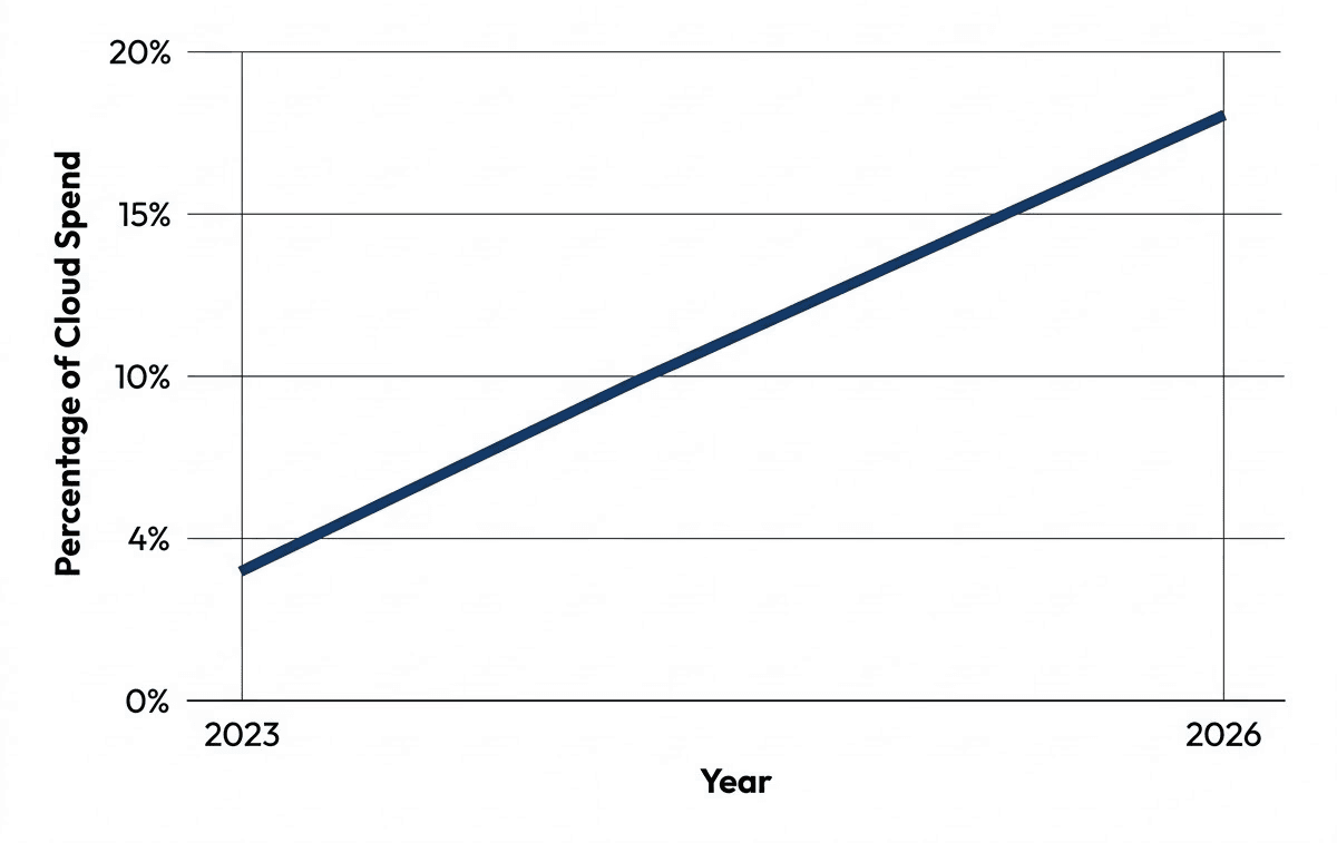A line chart titled "GPU Spend Growth" showing a clear upward trend. The x-axis shows the years 2023 and 2026. The y-axis shows percentage of cloud spend. The line starts at 4% in 2023 and rises to 18% in 2026. The style is minimalist and high-contrast.