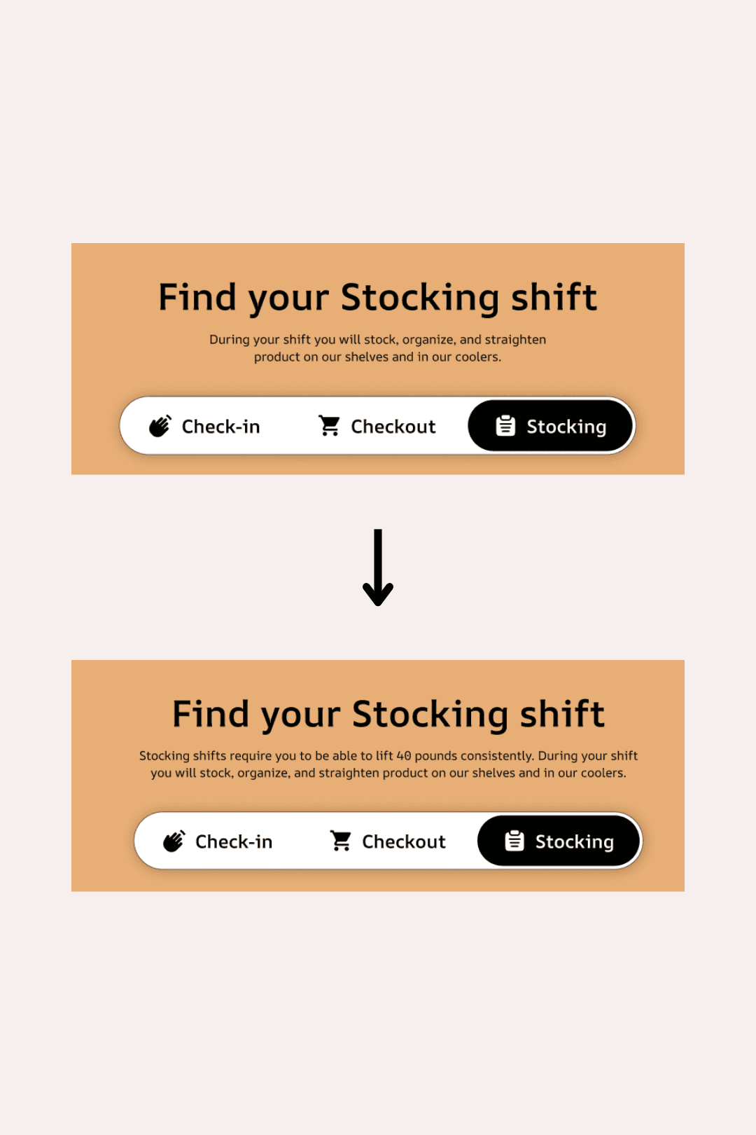 A comparison of a shift scheduling interface before and after updates. The header text for "Find your Stocking shift" includes additional details in the after version about lifting requirements.