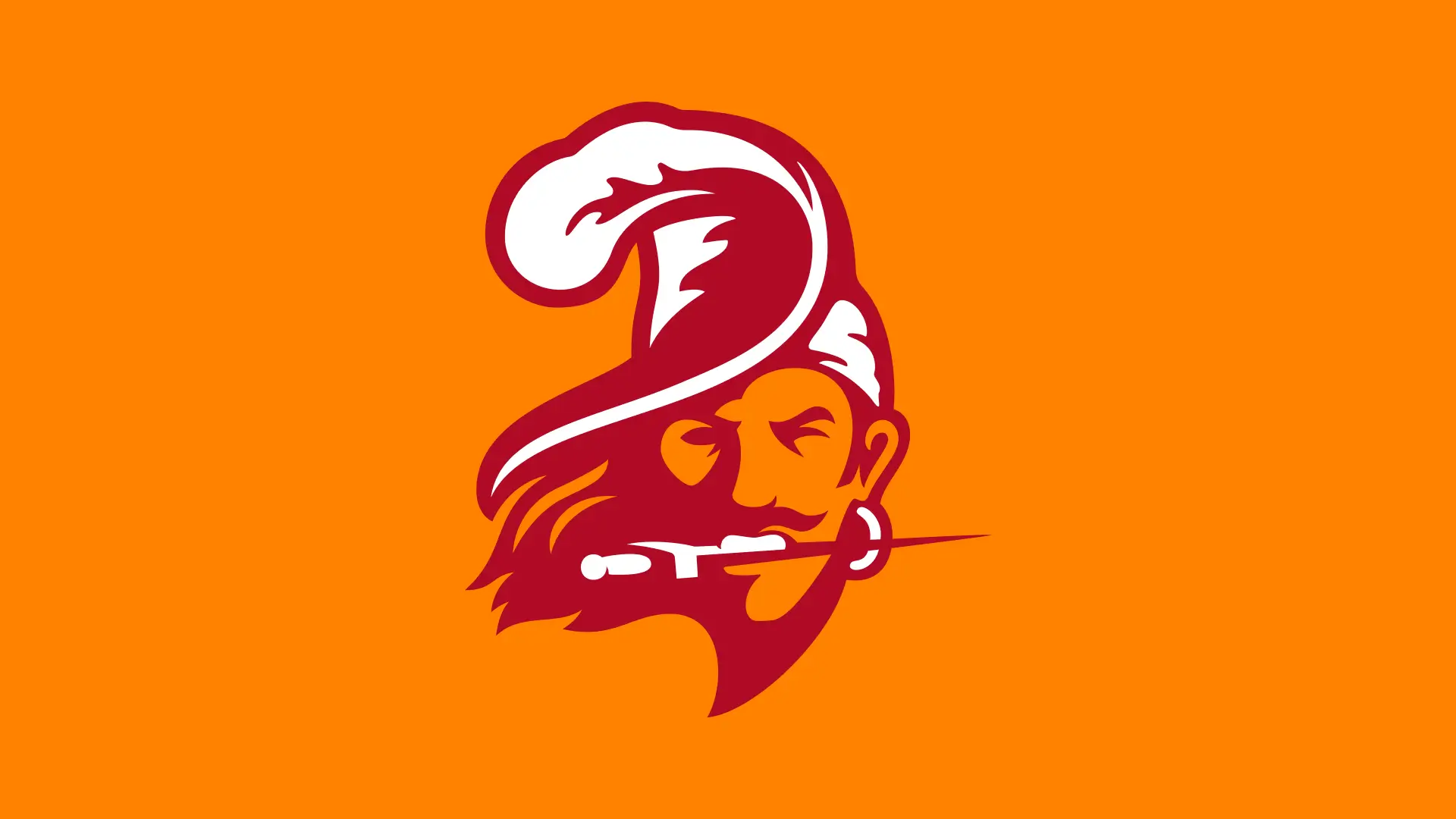 A stylized pirate face in red on an orange background, featuring a feathered hat and knife in mouth, conveying a bold and adventurous tone.