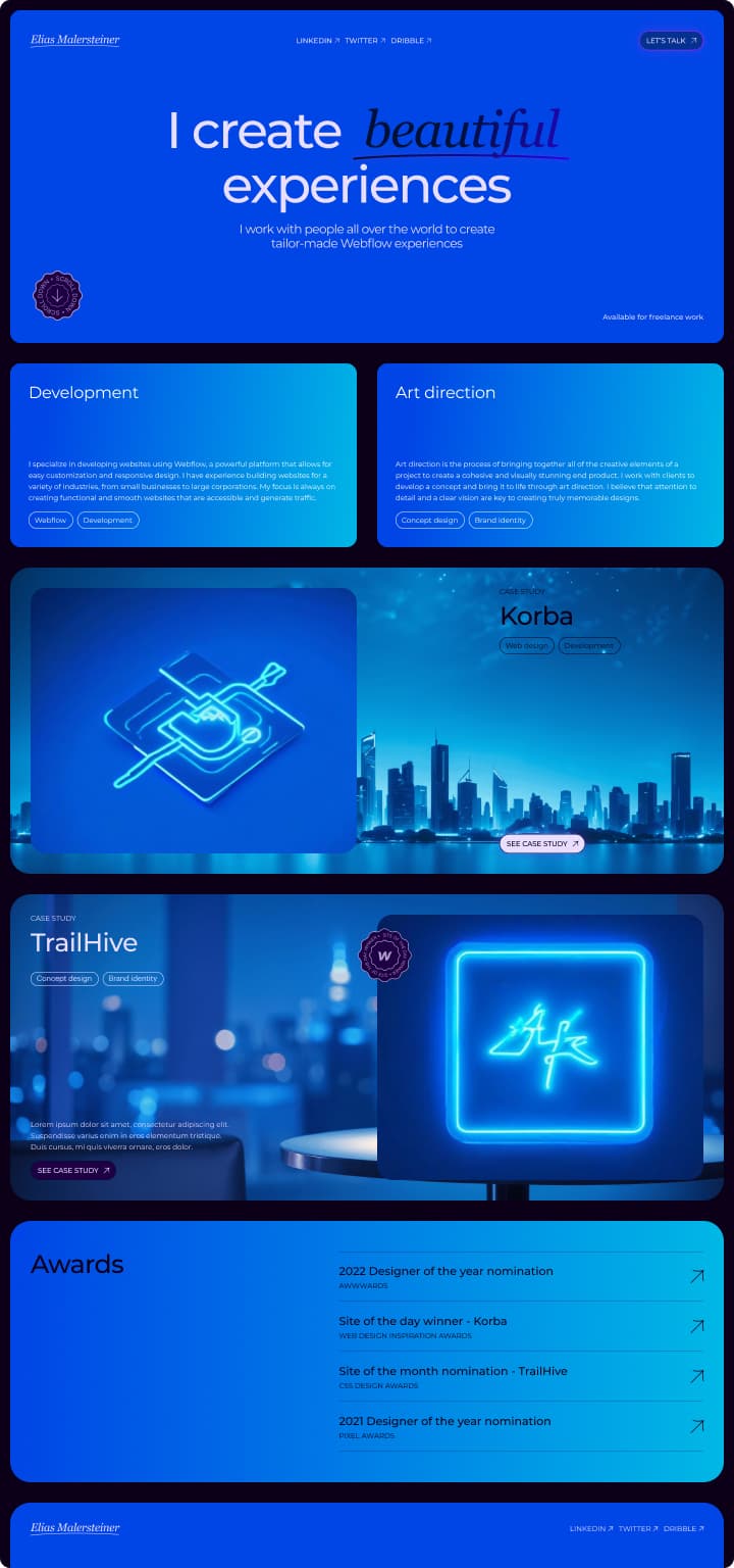 a website that offers creative work, the website design is blue