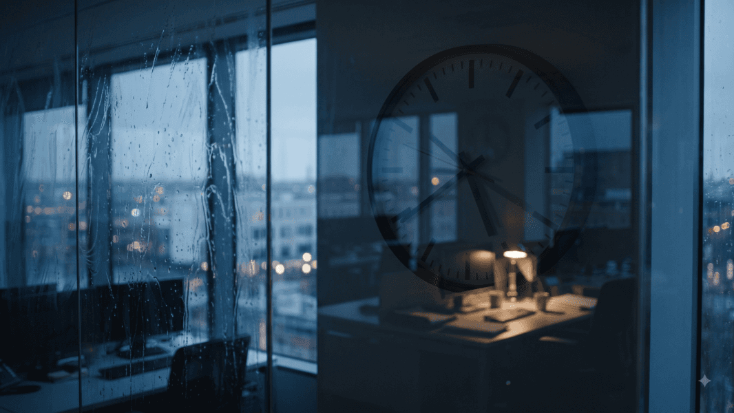Grande horloge sombre superposée au reflet d’un bureau éclairé, derrière une baie vitrée mouillée de pluie, avec une ville floue en arrière-plan.