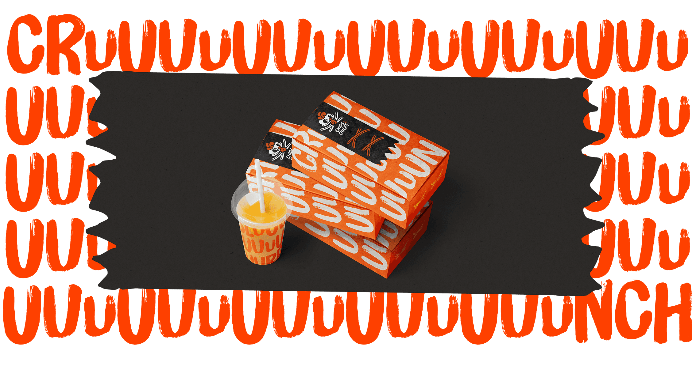 Chips & Chicks branded takeaway packaging — orange and black meal boxes with drink cup over stretched 'CRUUUUNCH' hand-drawn typography — packaging design and brand identity by Makers' Studio