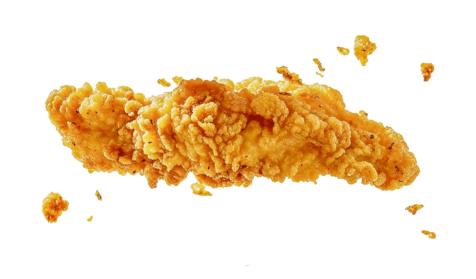 Chips & Chicks crispy fried chicken strip with scattered crumbs on black background — isolated product food photography by Makers' Studio