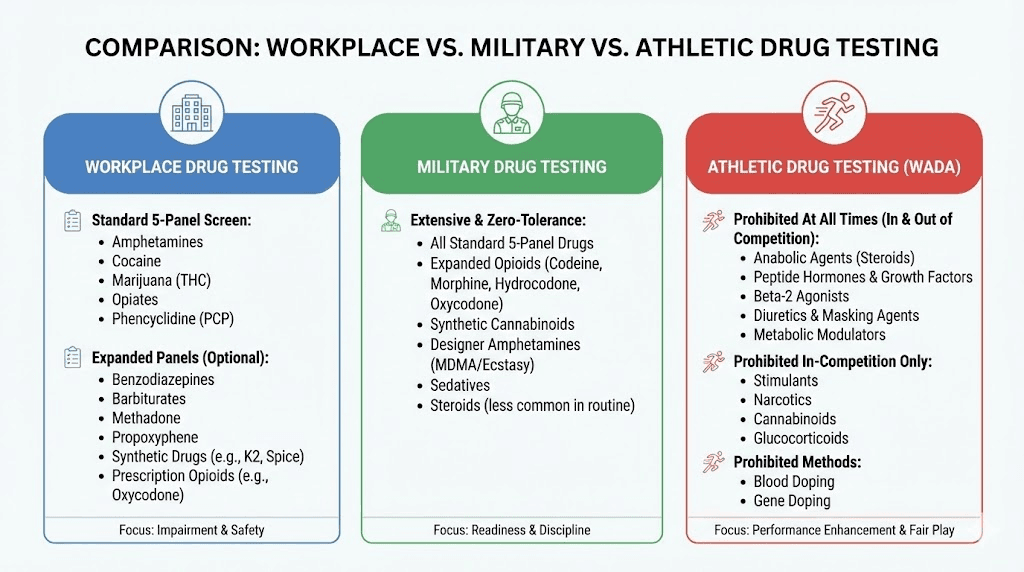 Drug testing comparison across workplace military and athletic contexts
