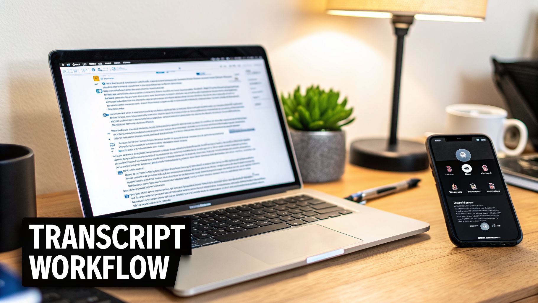 A laptop showing a document, a smartphone, and a desk lamp on a wooden desk.