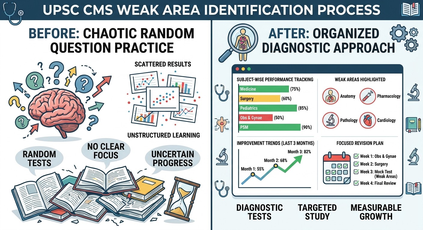 UPSC CMS question bank weak area identification process - diagnostic approach vs random practice