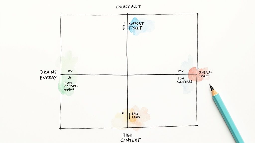 A hand-drawn energy audit matrix categorizing tasks like support, low context, and sale leak by energy and context levels.