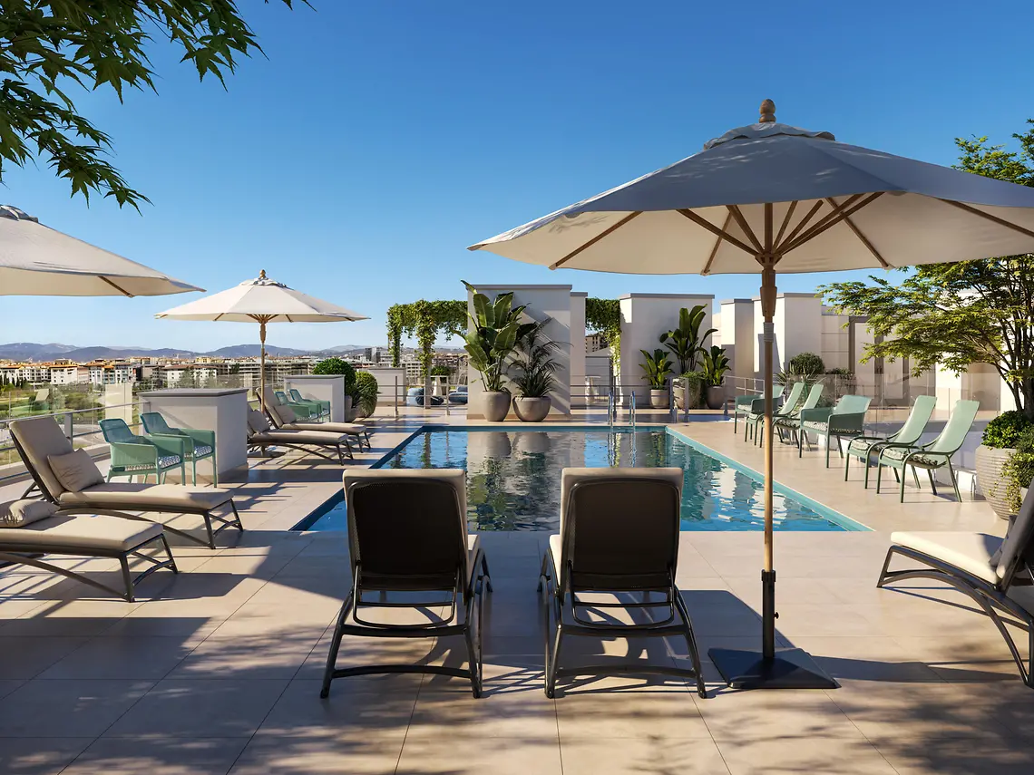 Rooftop pool terrace with sun loungers and city views at Florentia Living, Florence