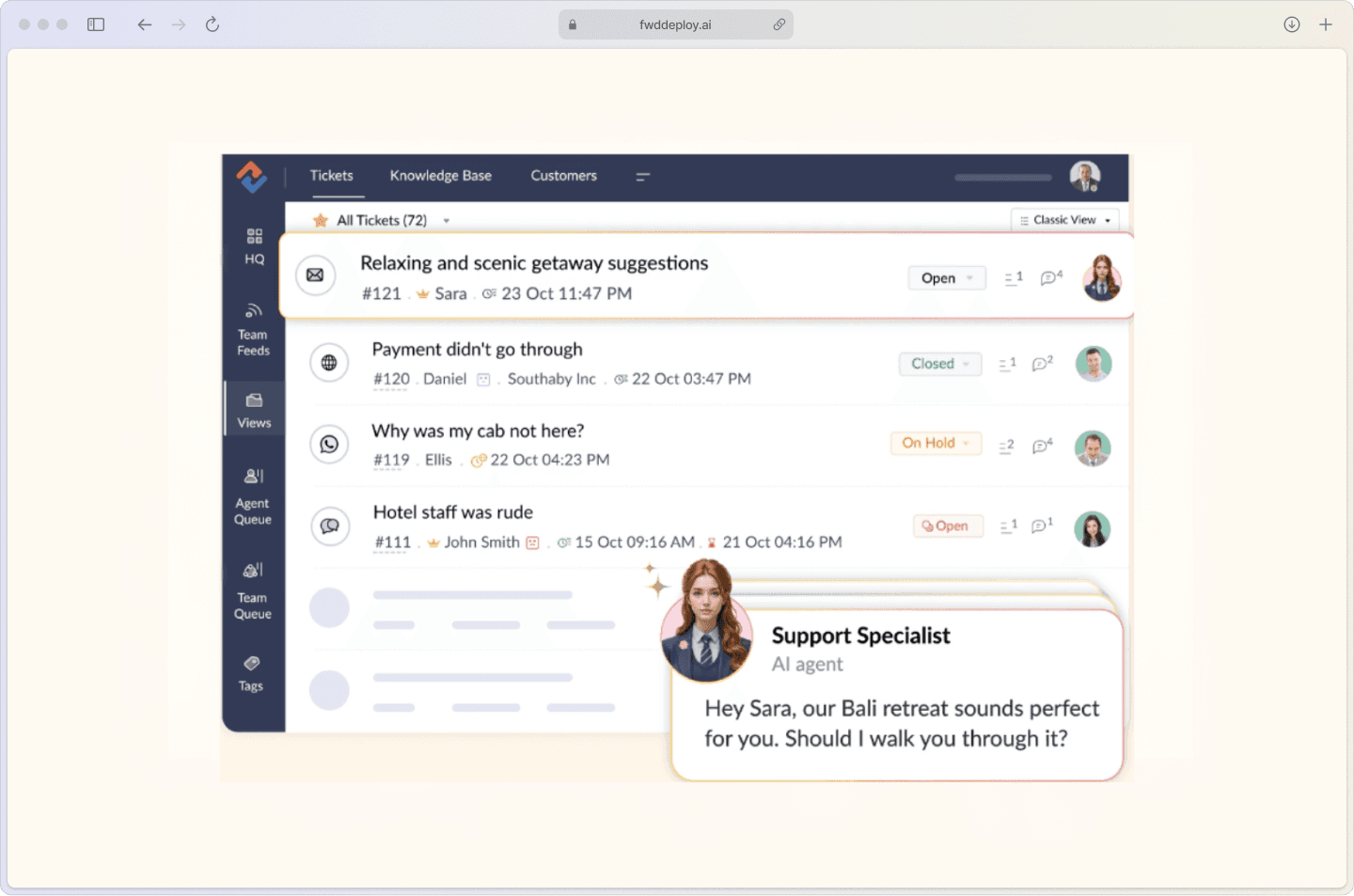 AI email bot automatically categorizing and routing an incoming customer support email with priority and topic tags