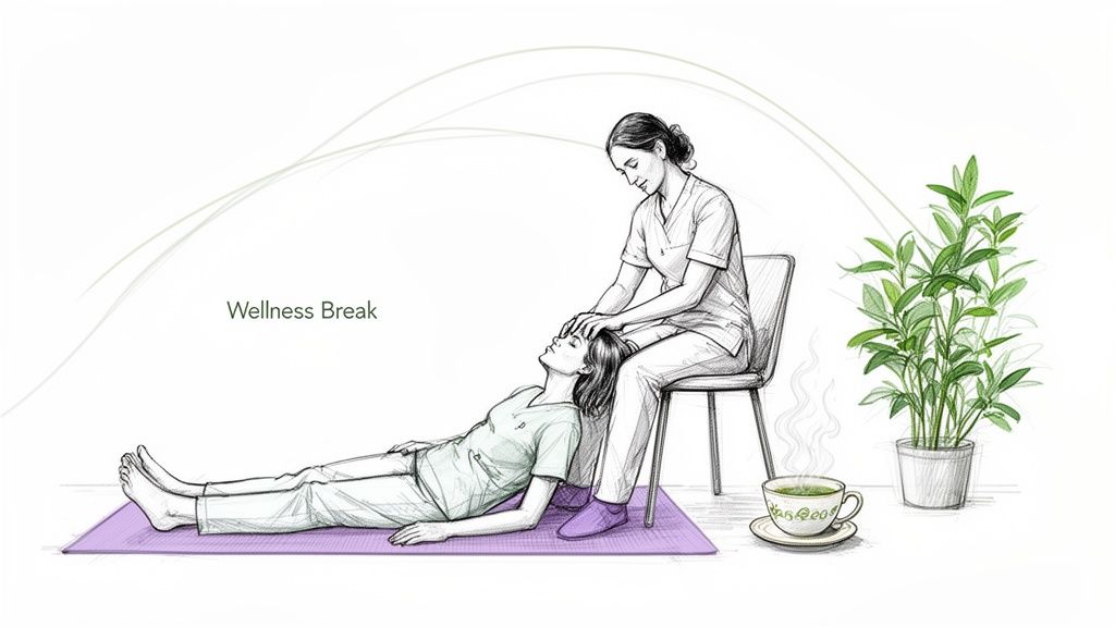 Illustration of a person receiving a relaxing head massage during a wellness break with tea.