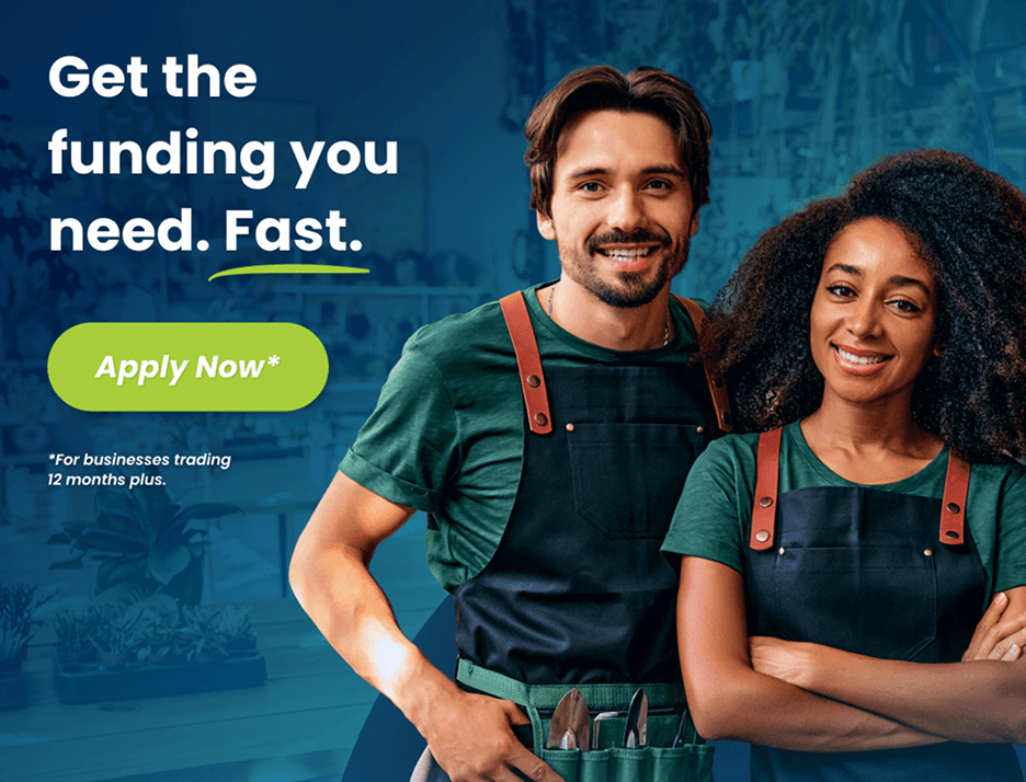 A branded advert with a man and woman wearing tradesperson clothes.  The text says "Get the funding you need. Fast." 