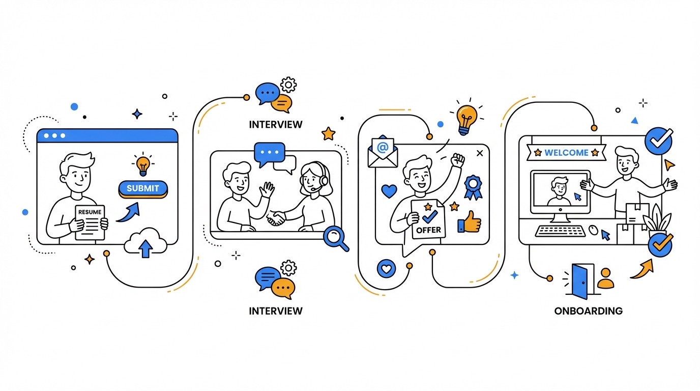 A professional workflow diagram showing a streamlined, positive candidate journey from application to onboarding with warm, neutral colors.