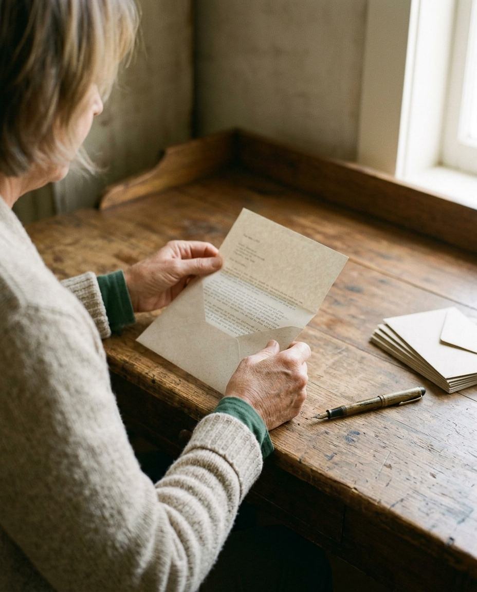 Hands folding a typed letter into a plain envelope on a worn wooden desk.