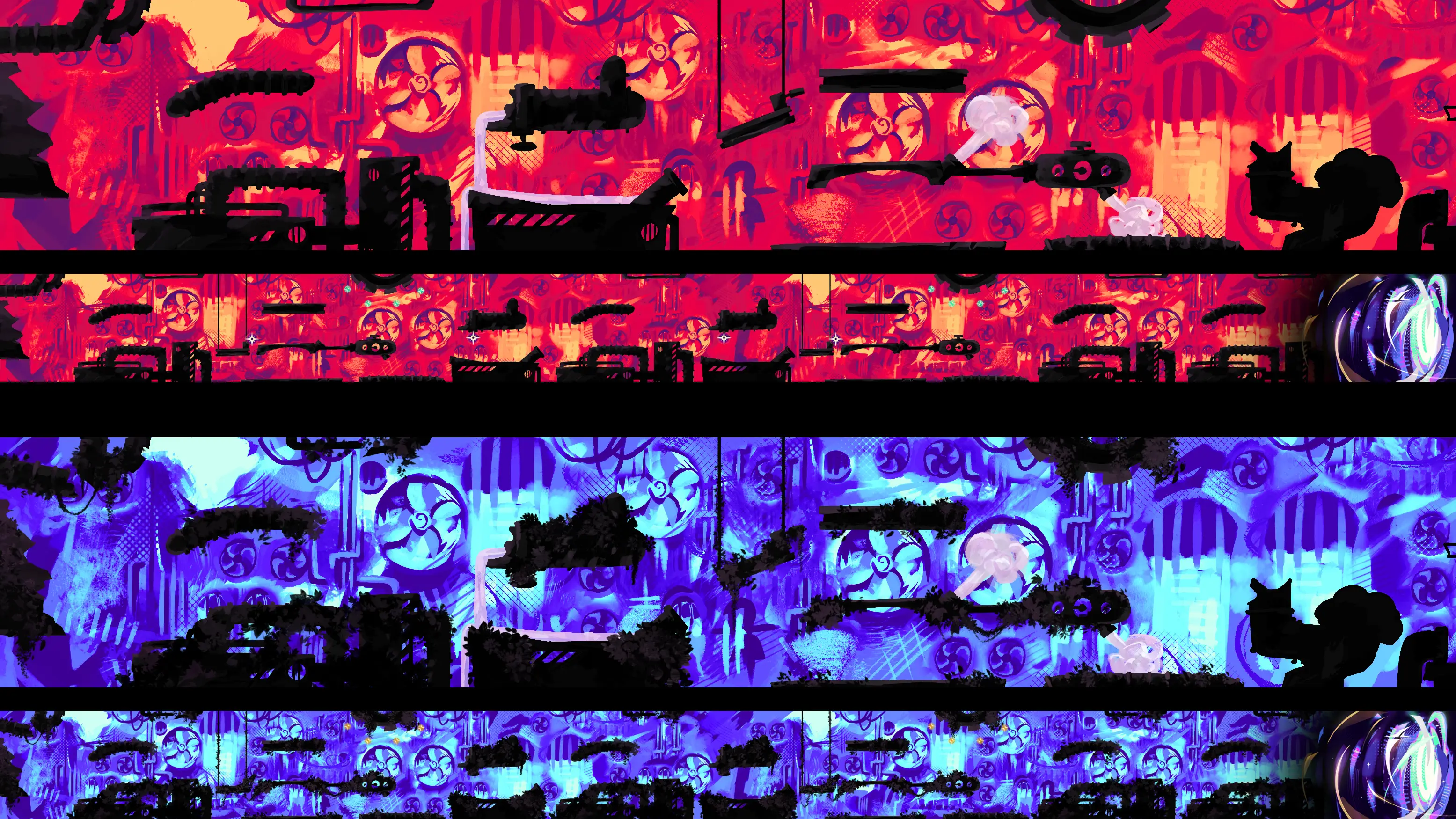 Visualization of the "Pipes" map for SuperTracers featuring procedurally assembled chunks, the end portal, and color-coded past (red) and future (blue) timelines.