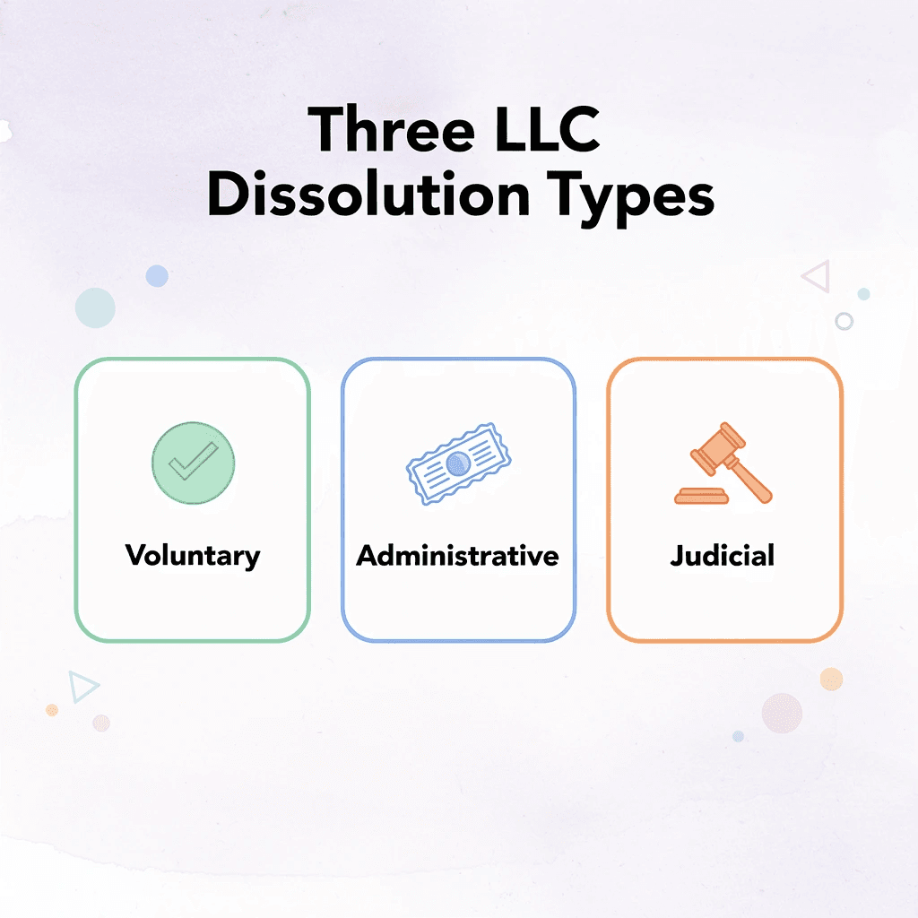 Infographic showing three types of LLC dissolution in Arkansas