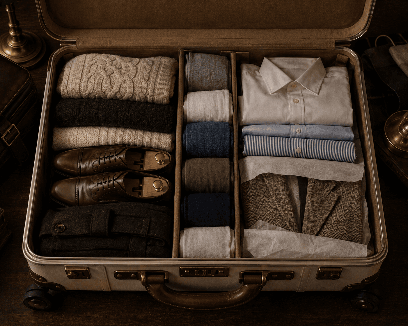 An open cream-colored vintage suitcase meticulously organized into three compartments for travel. On the left are folded knit sweaters, a pair of polished brown leather dress shoes with wooden shoe trees, and folded dark trousers. The narrow center compartment holds neatly rolled socks and ties in gray, blue, and white tones, while the right compartment contains folded dress shirts and a tweed blazer layered in tissue paper.