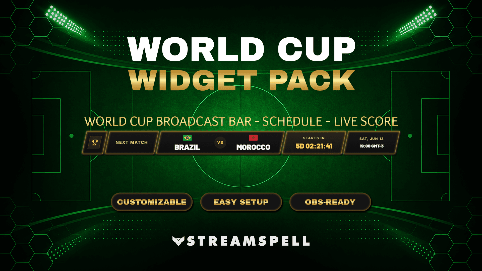 World Cup Widget Pack by StreamSpell featuring a football stadium design and Broadcast Bar widget with teams, countdown, kickoff time, and OBS-ready setup.