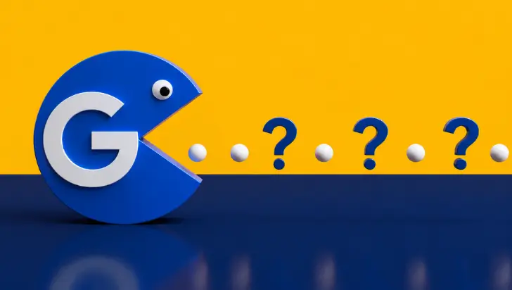 3D Google Pac-Man character eating question marks symbolizing FAQ-rich results removal.