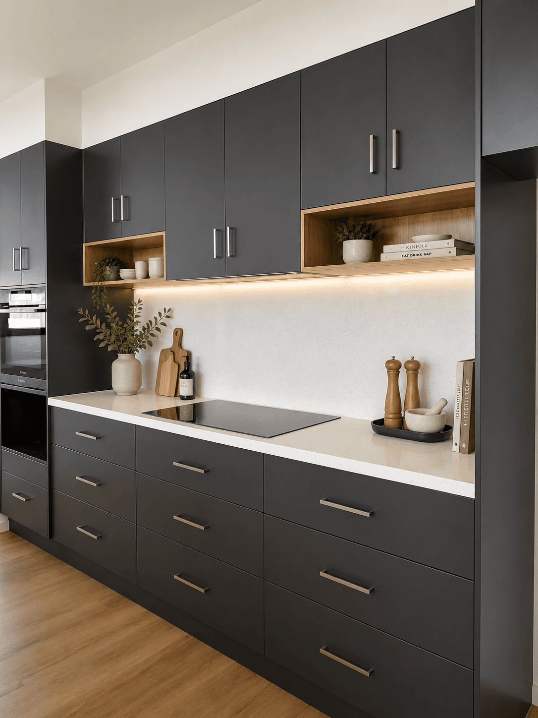 Kitchen island with chairs and cabinetry