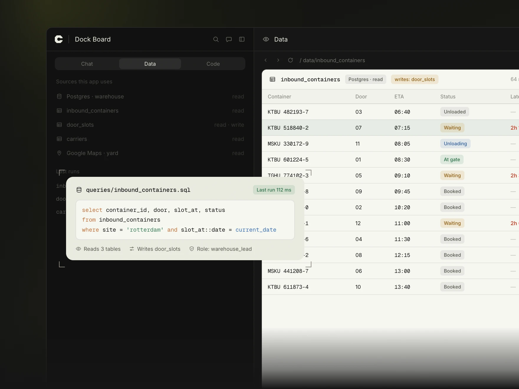 The Bench Data tab showing the inbound containers query and its results