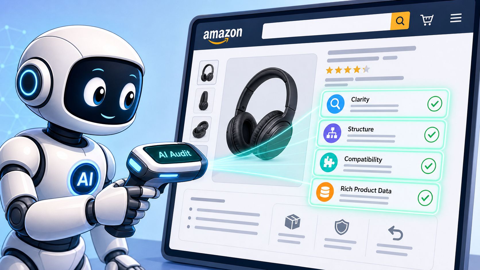A friendly robot performing an AI audit on an Amazon product page for better SEO optimization.