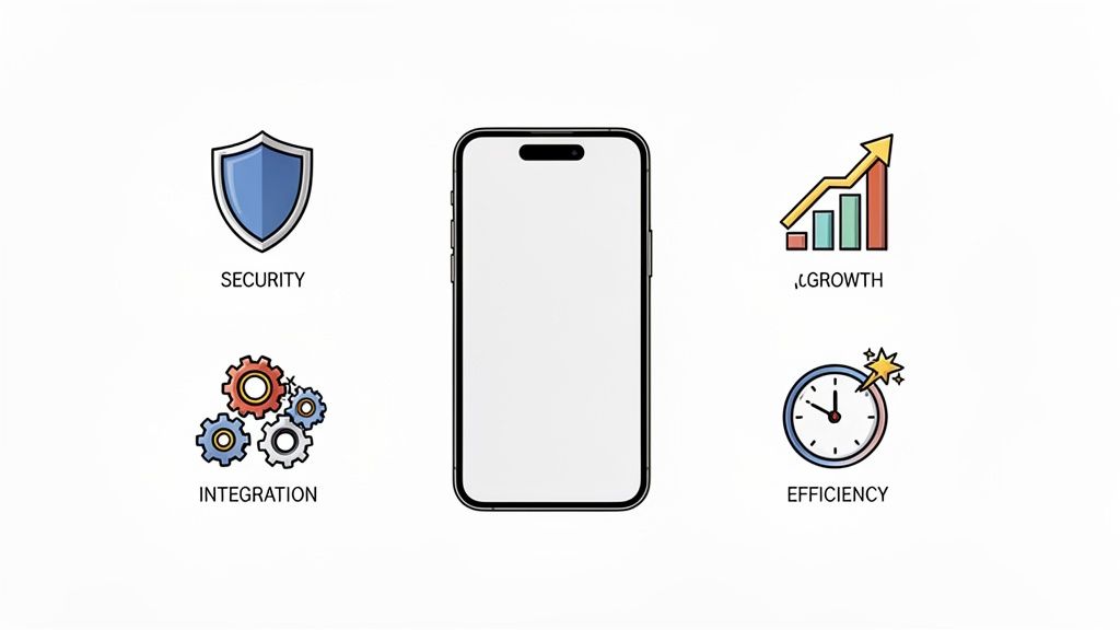 A smartphone surrounded by icons representing security, integration, growth, and efficiency, highlighting app benefits.