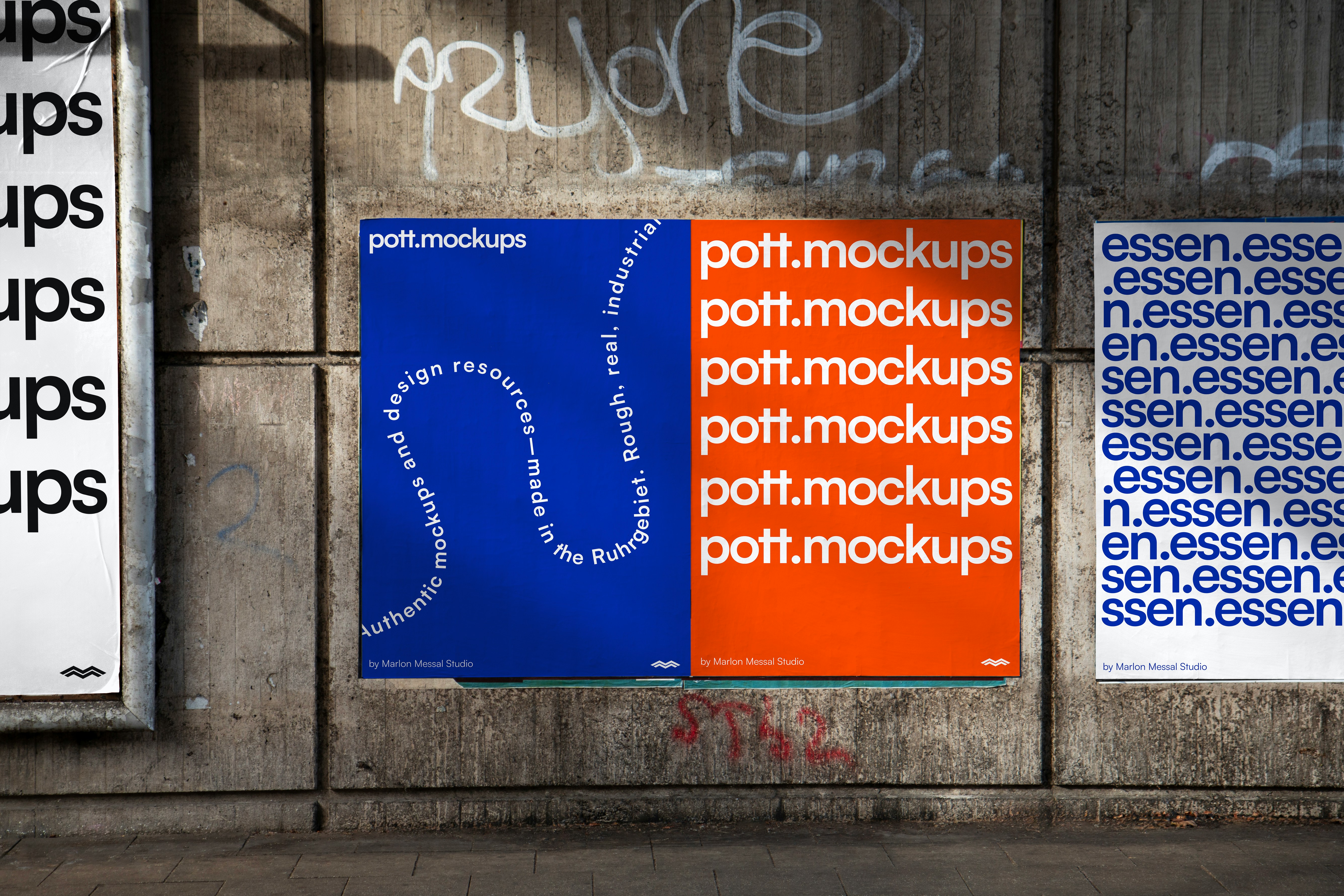Affiches publicitaires modernes au style minimaliste collées sur un mur en béton brut dans la rue