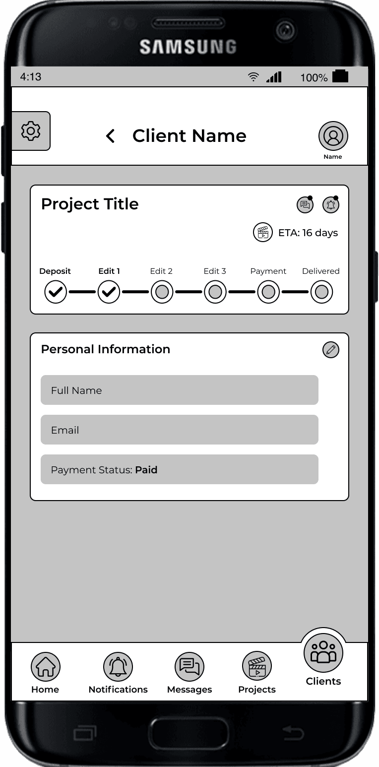 A wireframe of a media production app's client page