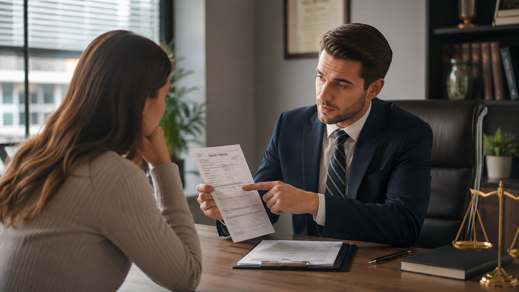 An attorney discusses a traffic ticket with a client, explaining their legal options in an office.