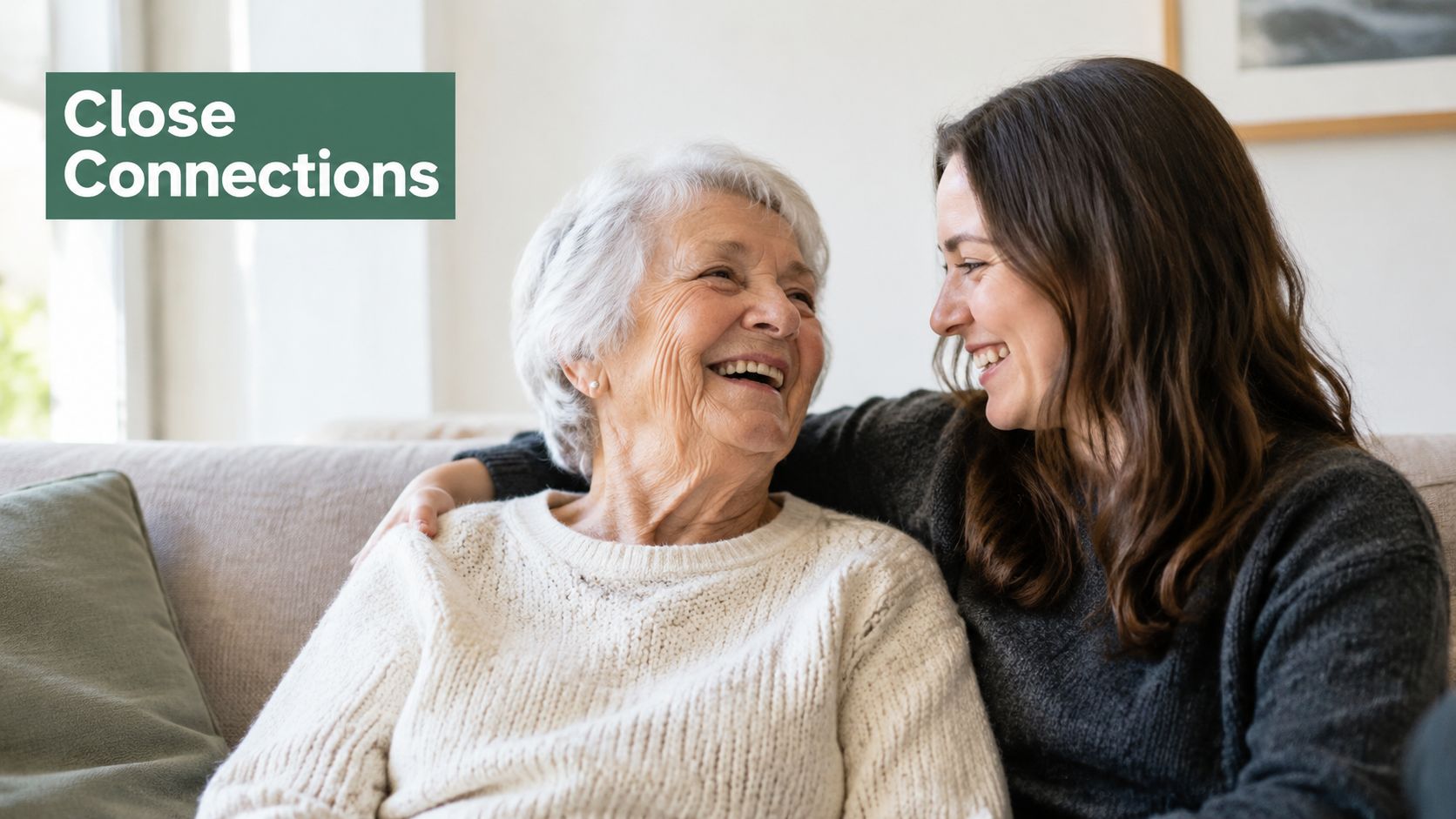 An elderly woman smiling brightly while sharing a heartwarming moment with her adult granddaughter at home.