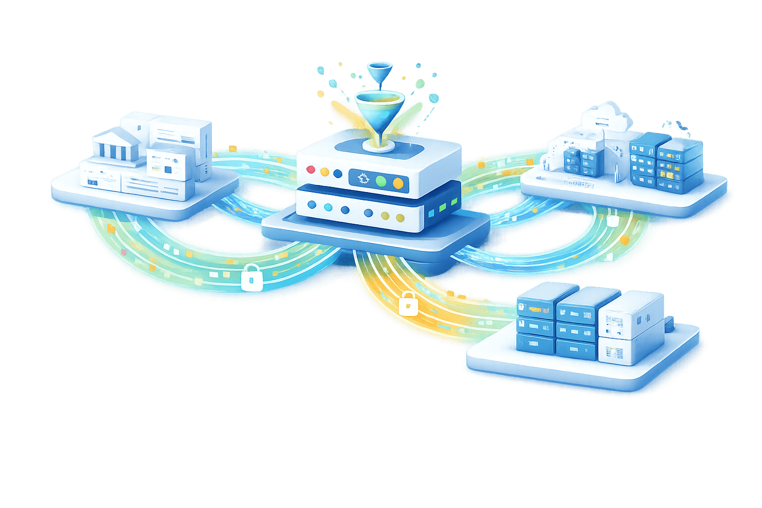 Ilustrasi digital bergaya 3D yang menggambarkan pusat integrasi data server, menampilkan sebuah perangkat pemrosesan utama di bagian tengah yang terhubung ke tiga lokasi penyimpanan data berbeda melalui jalur informasi bercahaya. Jalur-jalur tersebut dilengkapi dengan ikon gembok kecil yang melambangkan transmisi data aman, menghubungkan struktur perbankan, pusat data awan (cloud data center), dan tumpukan server lokal dalam satu jaringan ekosistem yang sinkron dan terlindungi secara sistematis.