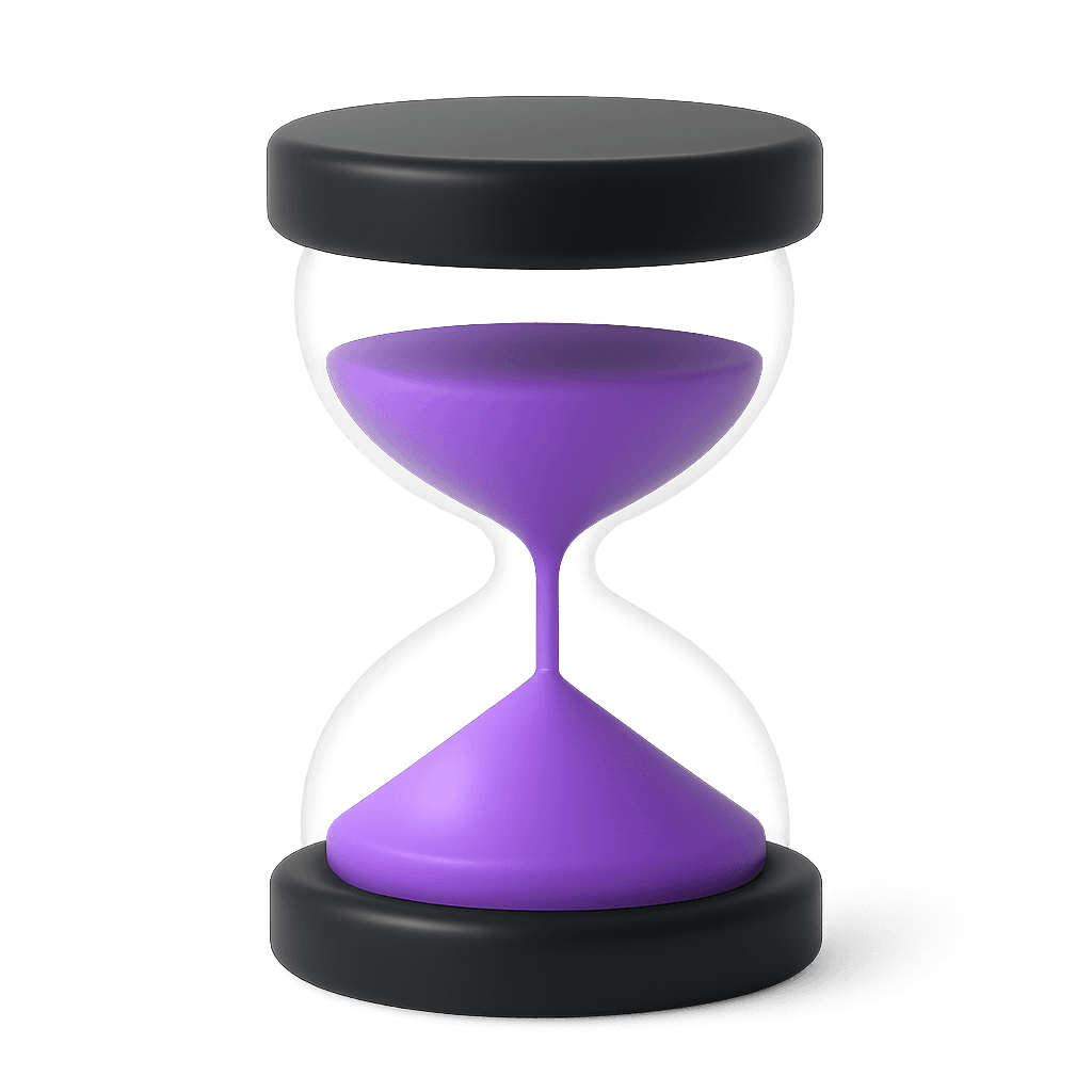 3D illustration of an hourglass with purple sand. The hourglass has a black top and bottom.