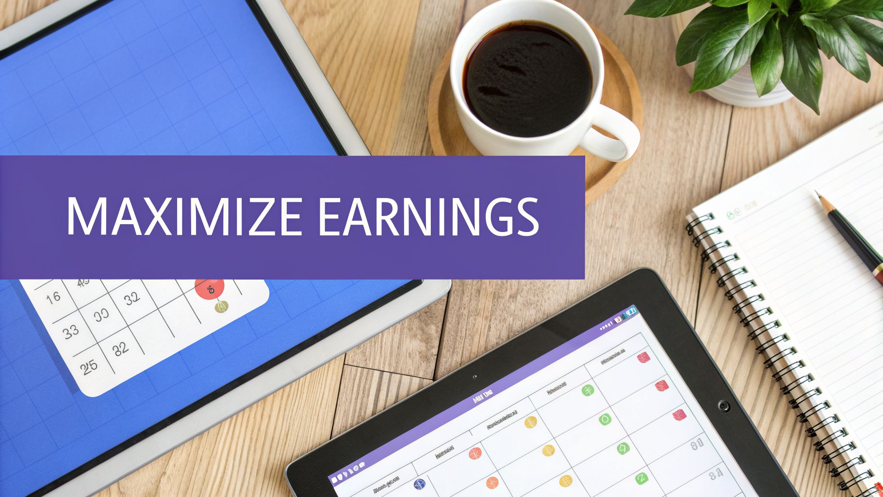 Overhead view of a desk with tablets, coffee, and notepad, overlaid with 'MAXIMIZE EARNINGS' text.