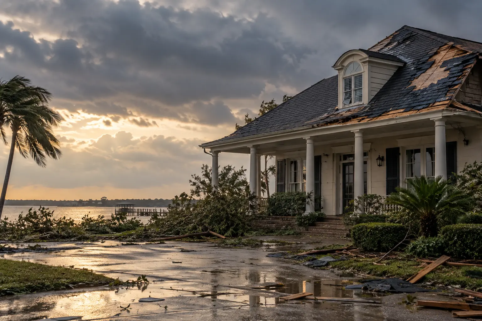 Storm-damaged Louisiana home with roof damage, debris, and standing water after a hurricane.