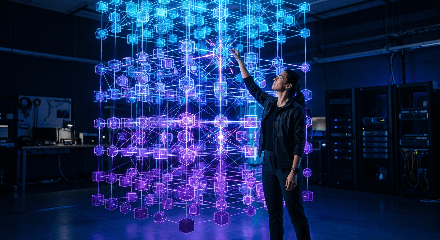 Developer assembling layered AI agent architecture components shown as interconnected holographic modules