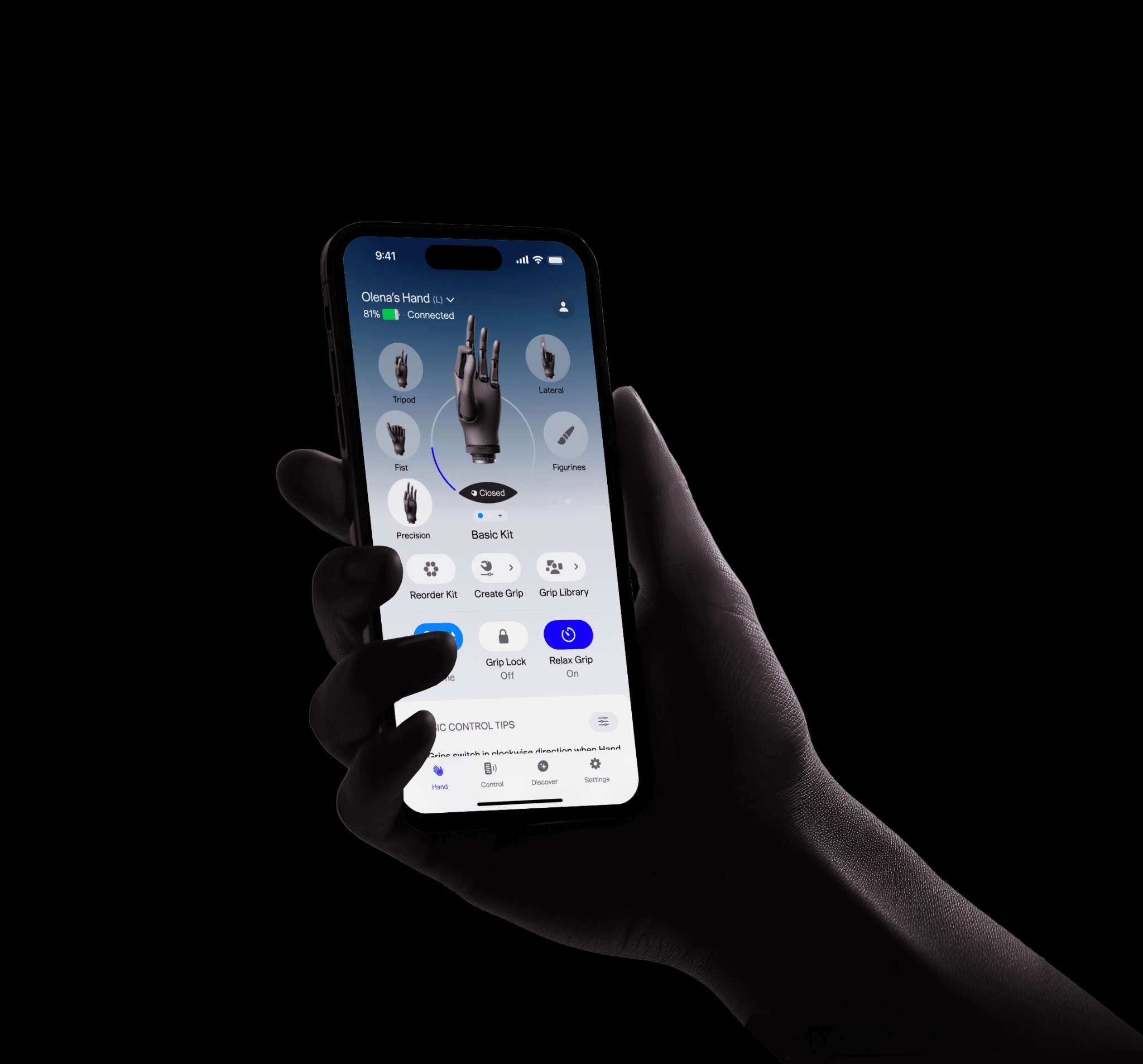 A prosthetic hand holds a smartphone displaying the Esper+ app interface, showing customizable grip options and real-time sensor data. The background is black, highlighting the sleek, modern look of the UI.