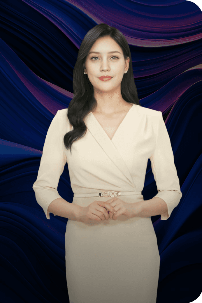 AI 스튜디오에서 추상적인 배경 앞에 서 있는 여성 AI 아바타