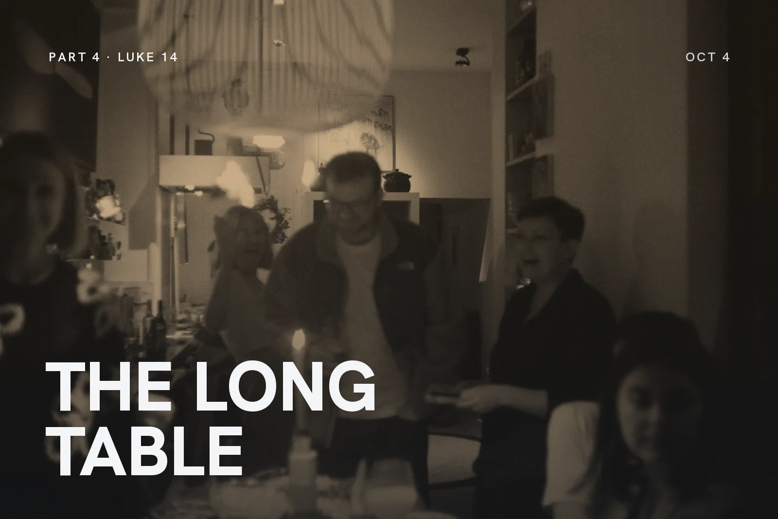 Series artwork for The Long Table: friends talking in a warmly lit kitchen