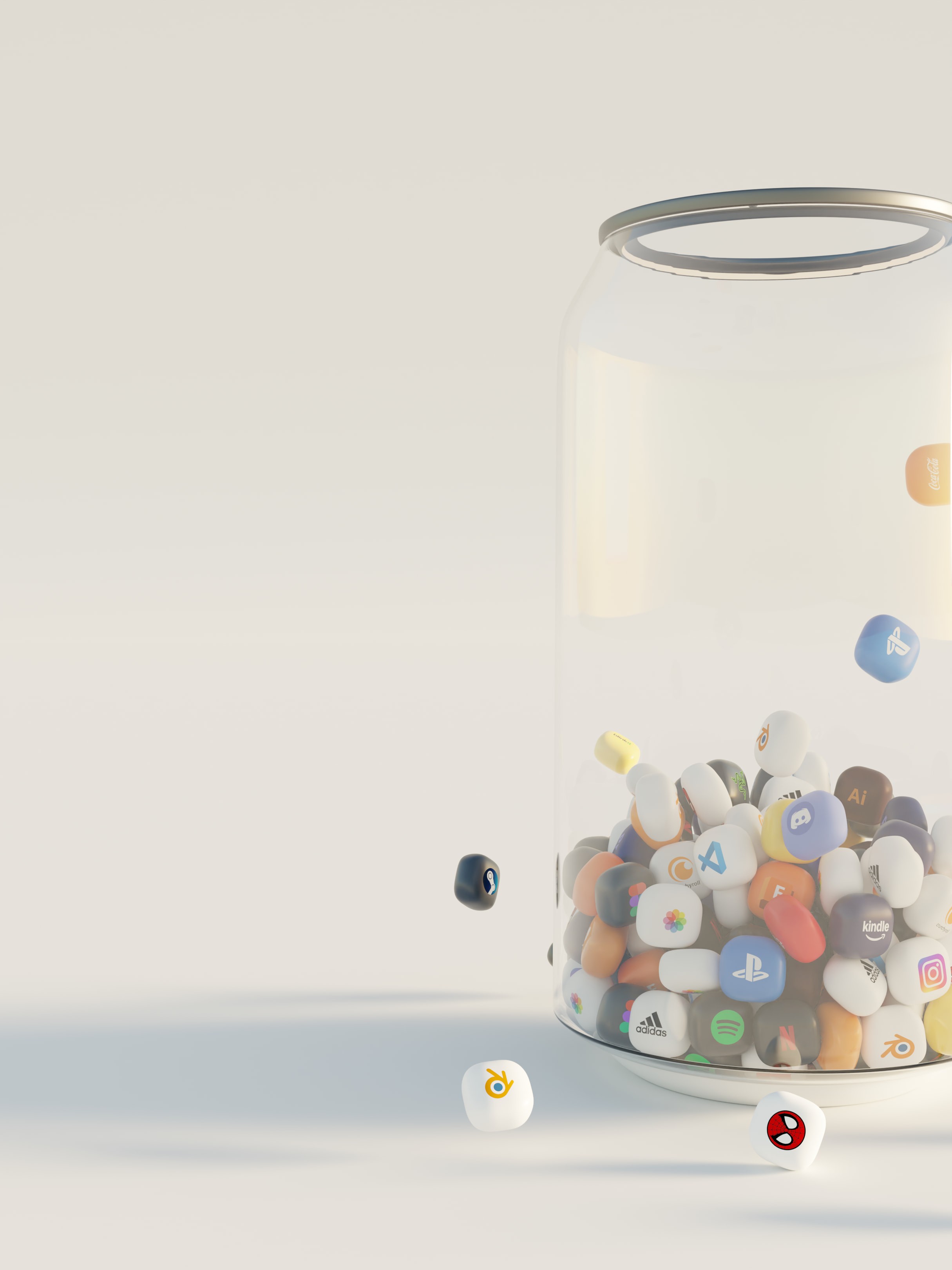 Abstract illustration of a jar pouring out various colorful shapes and elements on a light background.