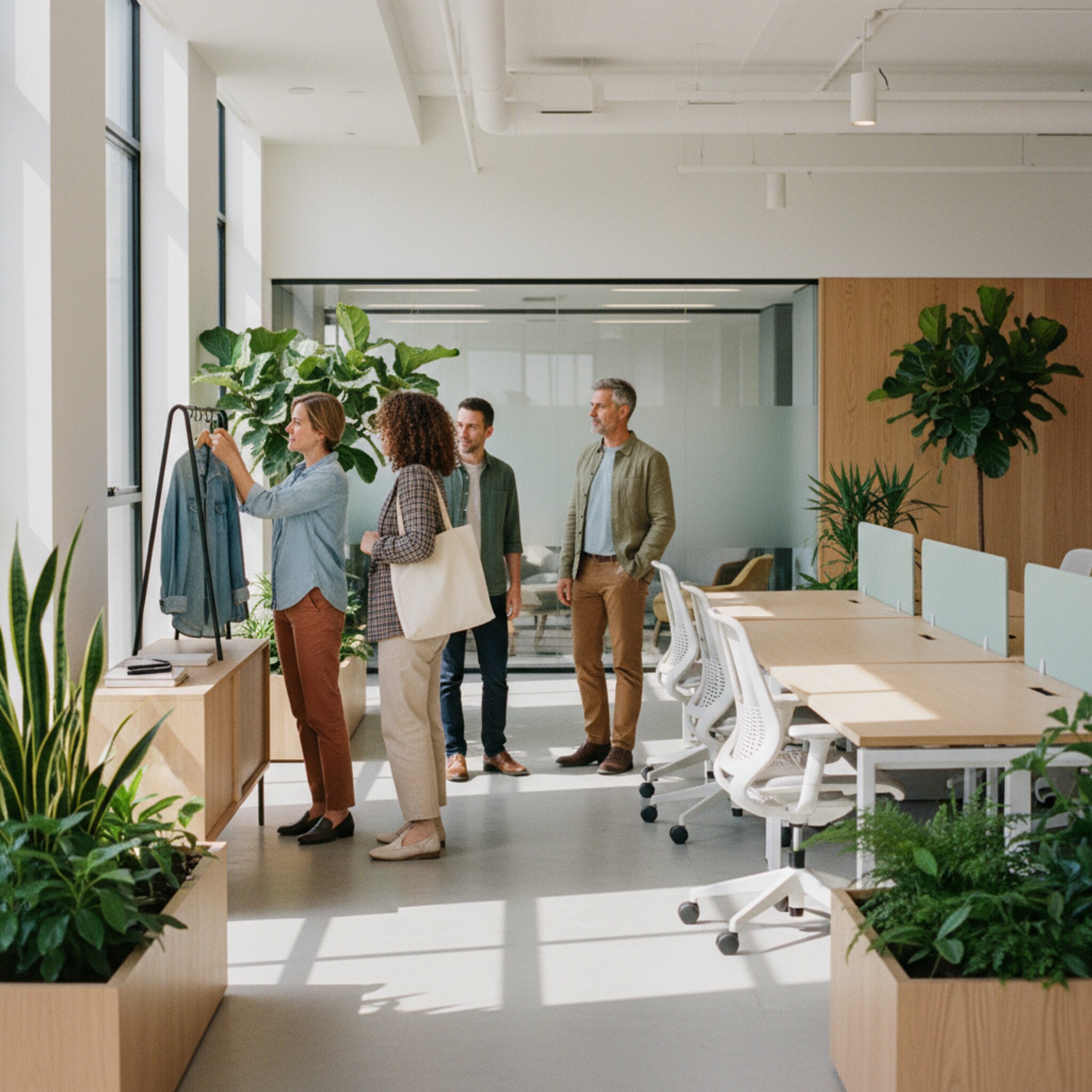 Ein heller Open-Space mit klar markierten Desk-Zonen, begrünten Raumtrennern und ruhigen Fokusbereichen. Ein kleines Team hängt Jacken an die Garderobe und sucht Plätze in derselben Zone. Auf einem Sideboard liegen Notizblöcke bereit. Die Szene wirkt strukturiert, ruhig und einladend.