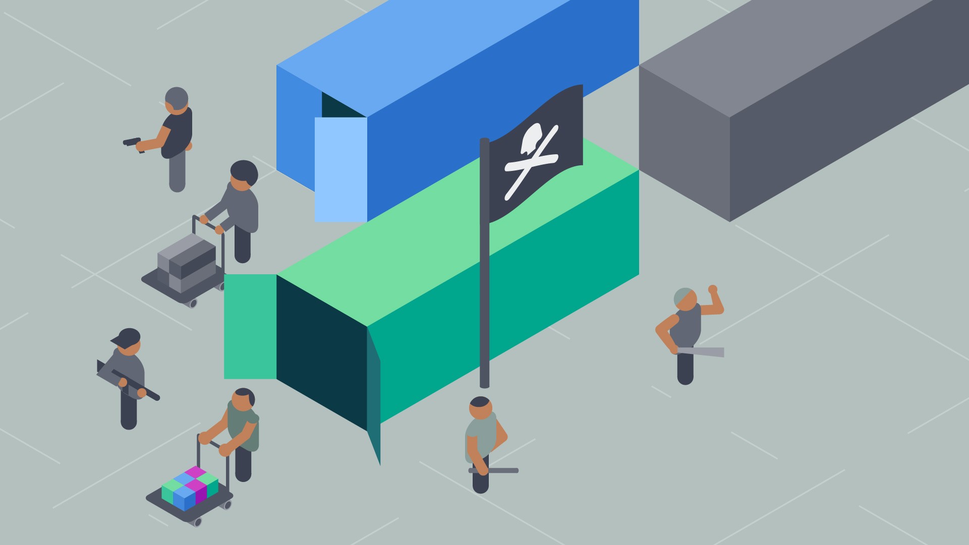 Simple isometric illustration of a Container getting looted by pirates.