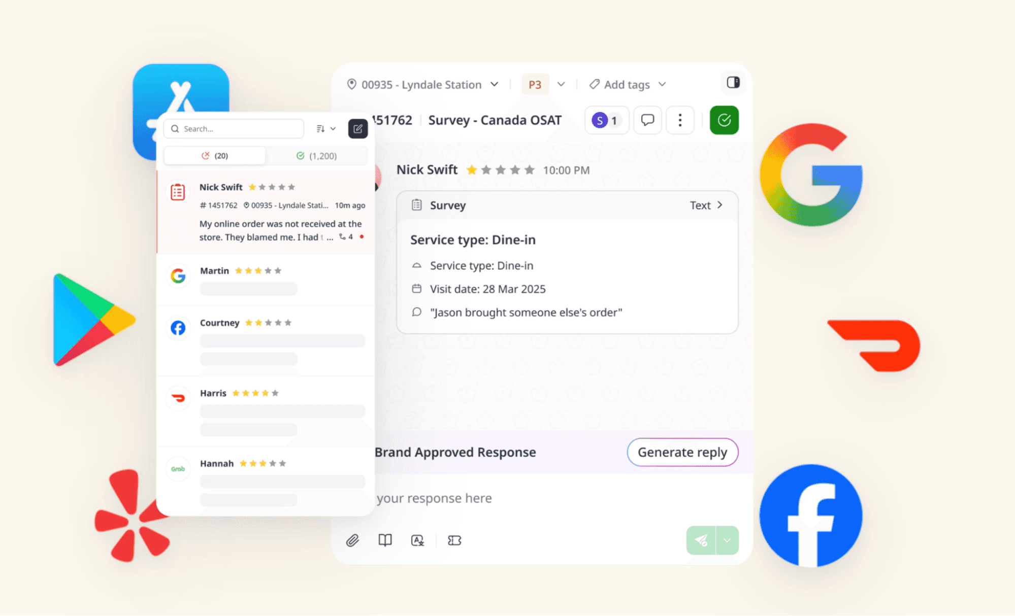 Momos consolidates reviews from across platforms and locations into one Unified Inbox for your Customer Service team to have better visibility