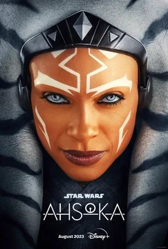 A close up of Ahsoka's face on an Ahsoka series poster