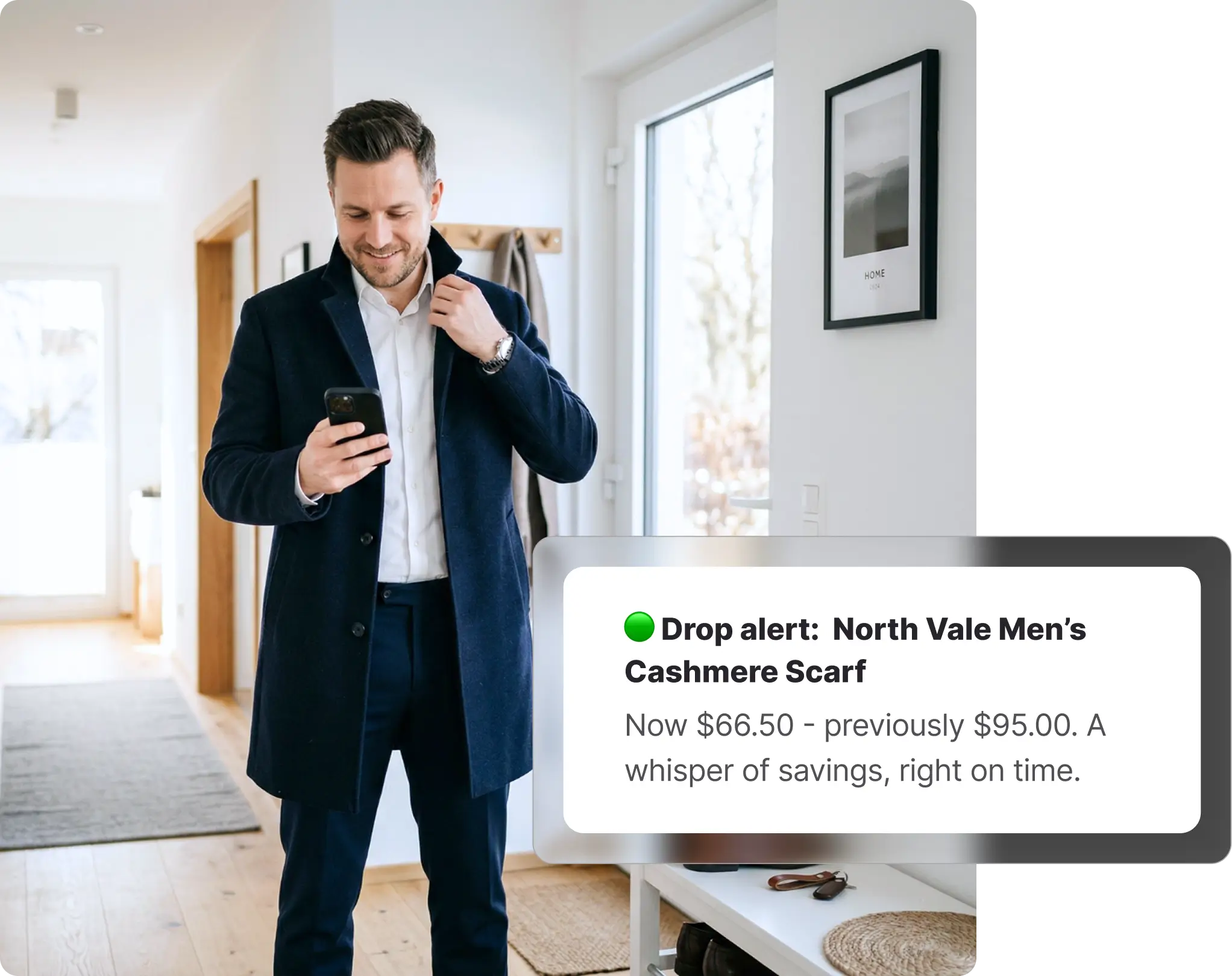 Whisprice price drop alert showing an ASOS product named North Vale Men's Cashmere Scarf dropping to $66.50 from $95.00, providing a whisper of savings right on time.
