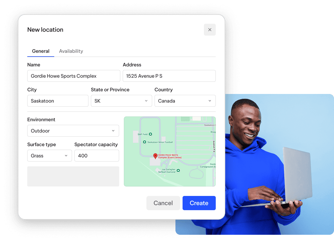 TeamLinkt field and box location manager showing venue details, map, and capacity for slo-pitch scheduling