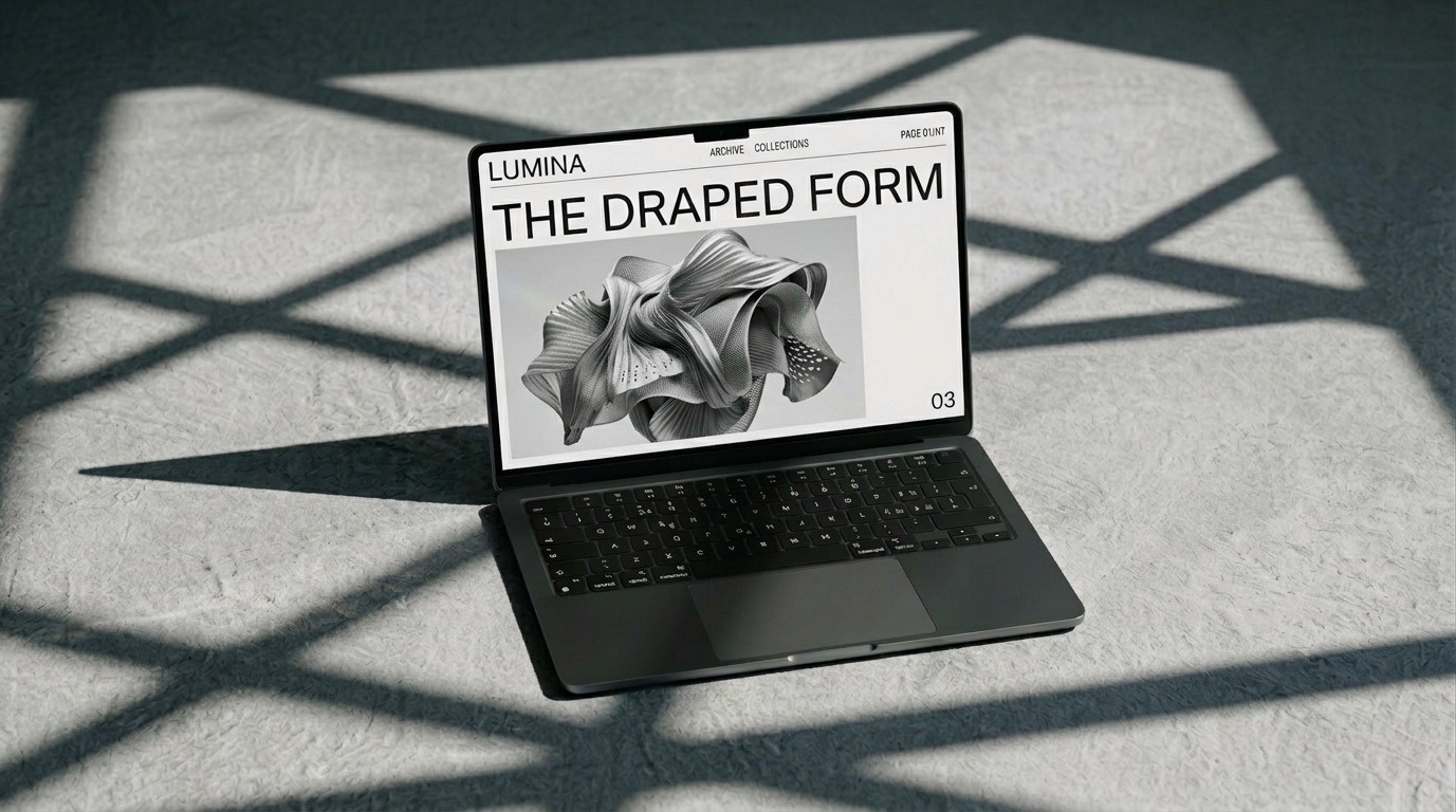 Minimalist laptop mockup on a concrete surface with geometric shadows, displaying a high-end editorial website layout titled "THE DRAPED FORM."