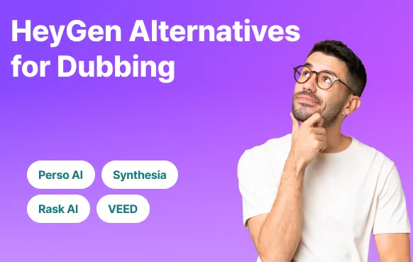 Альтернативы HeyGen для дублирования миниатюр с изображением думающего человека и инструментов AI, включая Perso AI, Synthesia, Rask AI и VEED